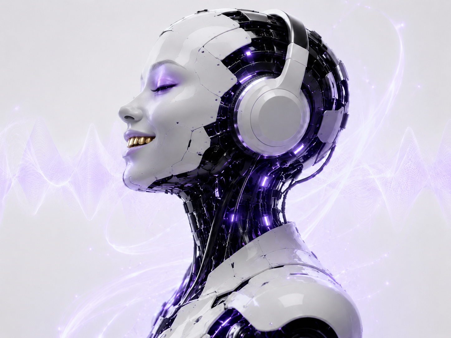 Futuristic DJ Artificial robot with headphones, purple musical accents, and gold grill