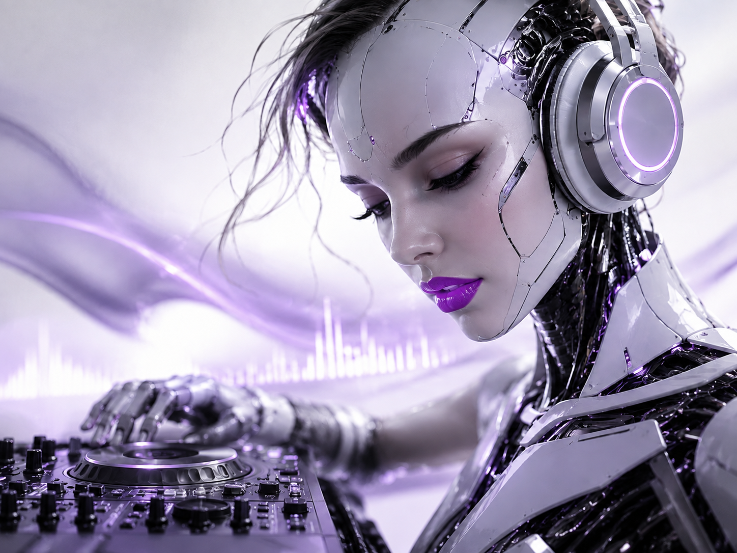 Futuristic AI DJ portrait with headphones and purple light accents